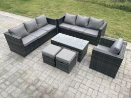 Fimous Outdoor Rattan Garden Furniture Lounge Sofa Set With Oblong Rectagular Coffee Table 2 Stools in Dark Grey - thumbnail 2