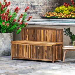 OUTSUNNY Wood Storage Bench for Patio, Outdoor Garden Seating, Brown - thumbnail 1