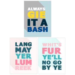 Wee Blue Coo Pack of 3 Scottish Sayings Good Wish Motivational Inspirational Expression Pastels Unframed Wall Art Living Room Prints Set in Blue - thumbnail 1