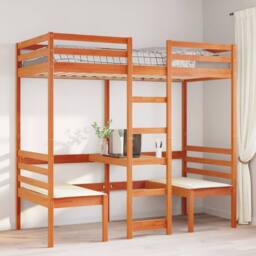 Berkfield Home Loft Bed Frame with Desk & Chairs Wax Brown 90x200cm Solid Wood Pine - Size: 90x200 cm - thumbnail 3