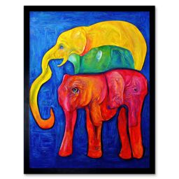 "Artery8 Wall Art Print Abstract Pop Art Surrealism Elephants Colourful Oil Art Framed in Black - Size: W12"" x H16""" - thumbnail 1