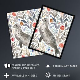 Artery8 Happy Seal with Coastal Wildflowers Watercolour Framed Wall Art in Grey - Size: A4 - thumbnail 2
