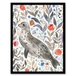 Artery8 Happy Seal with Coastal Wildflowers Watercolour Framed Wall Art in Grey - Size: A4 - thumbnail 1