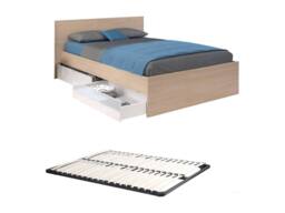 Vente-unique Bed With 2 Drawers 140 X 190 Cm - Natural & Gloss White + Bed Base in Light Oak - Size: Double - thumbnail 2