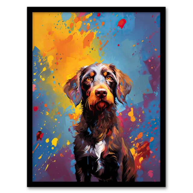 Artery8 Wall Art Print Wirehaired German Pointer Dog Lover Gift Pet Portrait Blue Orange Purple Artwork Painting Art Framed - Size: A4 - image 1