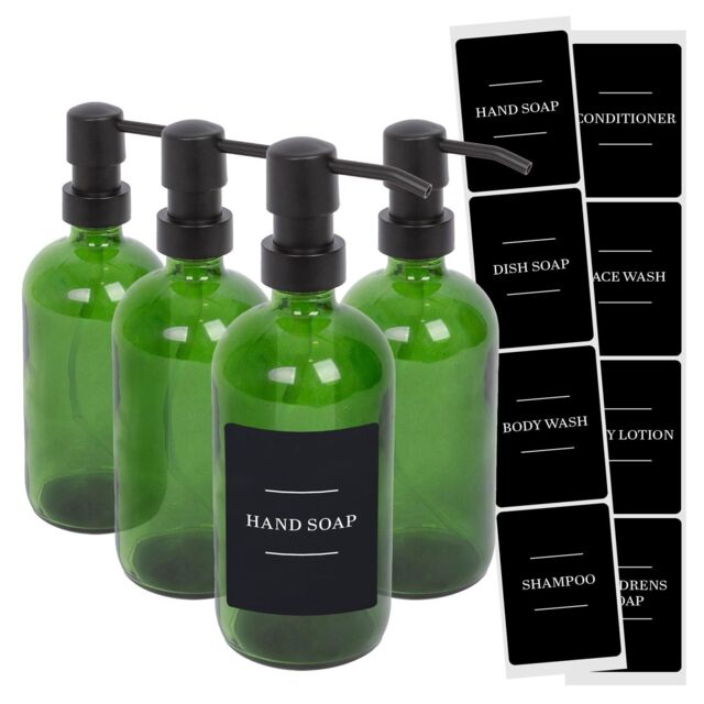 Harbour Housewares Glass Soap Dispensers with Labels - 500ml - Black - Pack of 4 in Green - image 1