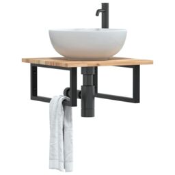 Berkfield Home Basin Shelf Wall Mounted Steel & Solid Wood Acacia in Brown - thumbnail 1