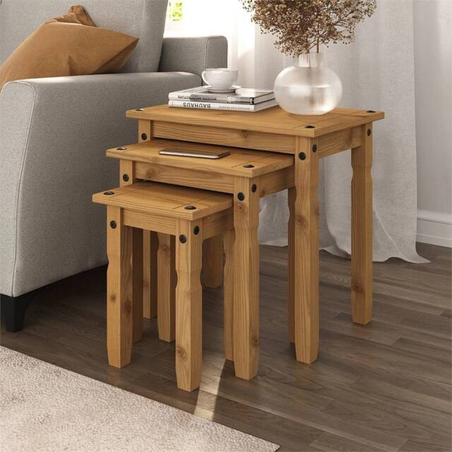 FLAVORA Set of 3 Nest of Tables Pine Waxed Occasional Coffee Side Table in Brown - image 1