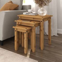FLAVORA Set of 3 Nest of Tables Pine Waxed Occasional Coffee Side Table in Brown