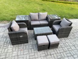 Fimous Outdoor Lounge Sofa Set 6 Seater Rattan Garden Furniture Set with Rectangular Coffee Table 2 Small Footstools in Dark Grey - thumbnail 2