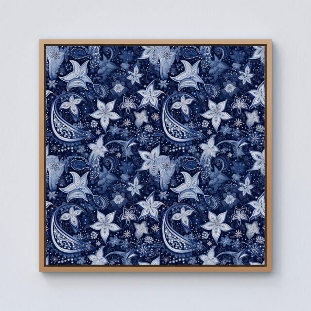 Warren Reed - Designer Paisley Christmas Stars Blue Framed Canvas in Light Brown - Size: w40 inch x h40 inch - image 1