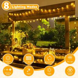 Ollny Warm White Solar String Lights IP44 100 LEDs 12m Garden Solar Lights 8 Modes Auto On/Off in Black - thumbnail 5