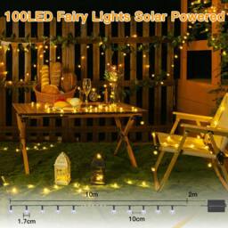 Ollny Warm White Solar String Lights IP44 100 LEDs 12m Garden Solar Lights 8 Modes Auto On/Off in Black - thumbnail 3