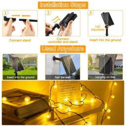 Ollny Warm White Solar String Lights IP44 100 LEDs 12m Garden Solar Lights 8 Modes Auto On/Off in Black - thumbnail 6