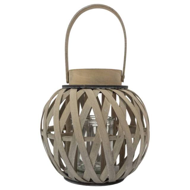 JVL Luna Natural Round Wood Lantern with Handle - Antique Washed, Set of 2 in Light Tan - image 1