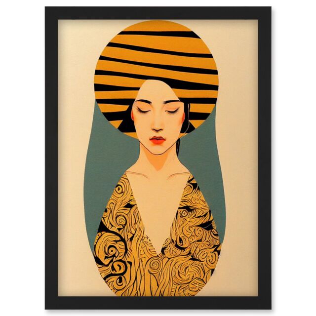 Artery8 Retro Woman Mid Century Bohemian Yellow Art Nouveau Artwork Framed Wall Art Print A4 in Black - image 1