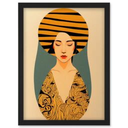 Artery8 Retro Woman Mid Century Bohemian Yellow Art Nouveau Artwork Framed Wall Art Print A4 in Black - thumbnail 1