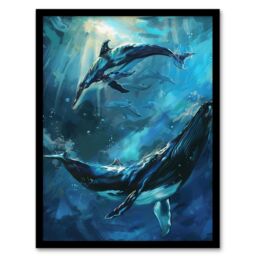 "Artery8 Dolphin Whale Underwater Dance Sea Life Painting Framed Wall Art in Blue - Size: W12"" x H16""" - thumbnail 1