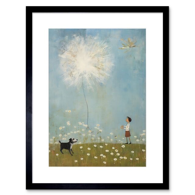 Artery8 Wall Art Print Chasing the Giant Dandelion Dream Artwork Giant Wish Oil Painting Kids Bedroom Child & Pet Dog in Daisy Field Artwork Framed - image 1