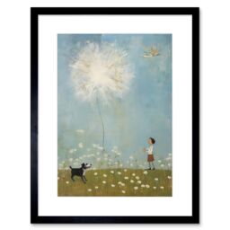 Artery8 Wall Art Print Chasing the Giant Dandelion Dream Artwork Giant Wish Oil Painting Kids Bedroom Child & Pet Dog in Daisy Field Artwork Framed - thumbnail 1