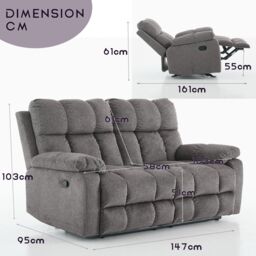 FURNITURE ONE Manual Recliner Sofa, Fabric Upholstery Recliner Loverseat in Grey - Size: 2 Seater - thumbnail 9