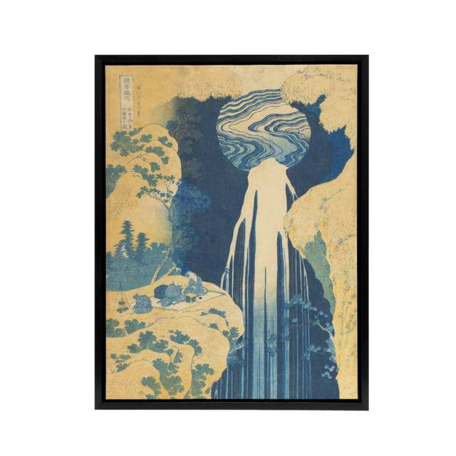 "Artery8 The Amida Waterfall Framed Canvas Wall Art Print Katsushika Hokusai in Blue - Size: W12"" x H16""" - image 1