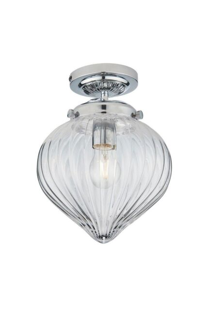 Netlighting Cheston Semi Flush Ceiling Light Chrome Clear Ribbed Glass Globe Shade IP44 in Grey - image 1