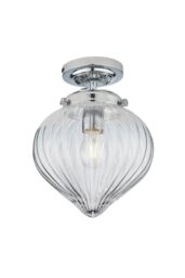 Netlighting Cheston Semi Flush Ceiling Light Chrome Clear Ribbed Glass Globe Shade IP44 in Grey - thumbnail 1