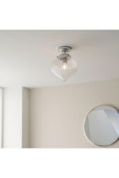 Netlighting Cheston Semi Flush Ceiling Light Chrome Clear Ribbed Glass Globe Shade IP44 in Grey - thumbnail 3