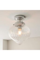 Netlighting Cheston Semi Flush Ceiling Light Chrome Clear Ribbed Glass Globe Shade IP44 in Grey - thumbnail 2