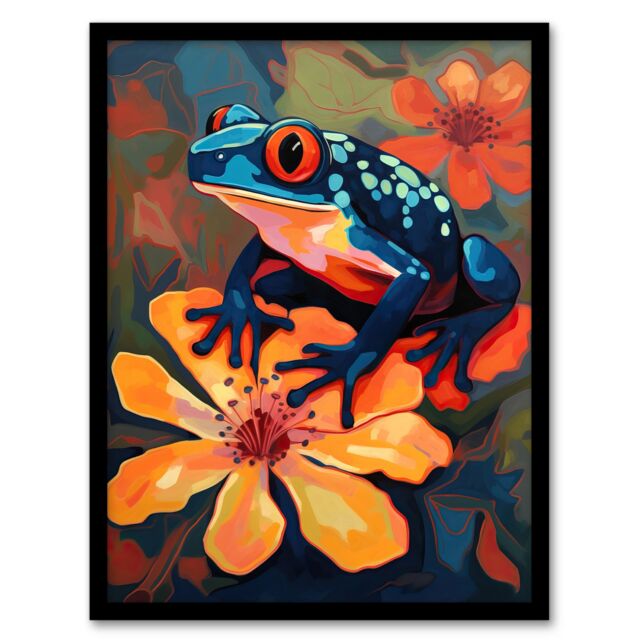 "Artery8 Tropical Blue Frog On Orange Flower Striking Oil Painting Amazon Jungle Art Print Framed Poster Wall Decor 12x16 inch - Size: W12"" x H16""" - image 1