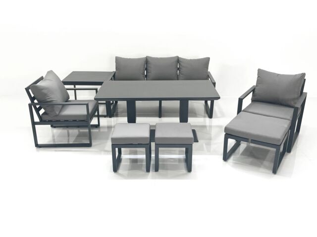 Fimous 8 Seater Aluminium Outdoor Garden Furniture Set w/ Adjustable Rising Lifting Dining Table 3 Seater Sofa 2 Chair 3 Footstool Side Table Dark - image 1
