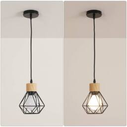 Goeco Pendant Light Industrial Retro Chandelier Shade Vintage Metal & Wood in Black - thumbnail 9