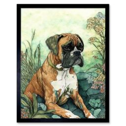 "Artery8 Wall Art Print Boxer Dog in Flower Field Colourful Watercolour Art Framed in Black - Size: W12"" x H16""" - thumbnail 1