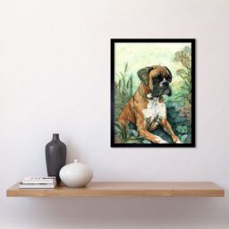 "Artery8 Wall Art Print Boxer Dog in Flower Field Colourful Watercolour Art Framed in Black - Size: W12"" x H16""" - thumbnail 2