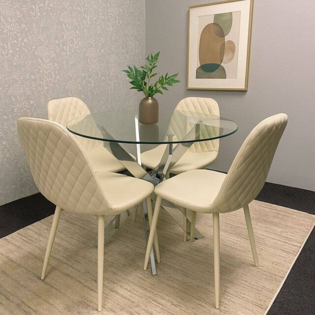 KOSY KOALA Modern Round Glass Dining Table Set With 4 Cream Gem Pattern Chairs - image 1