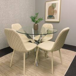 KOSY KOALA Modern Round Glass Dining Table Set With 4 Cream Gem Pattern Chairs - thumbnail 1