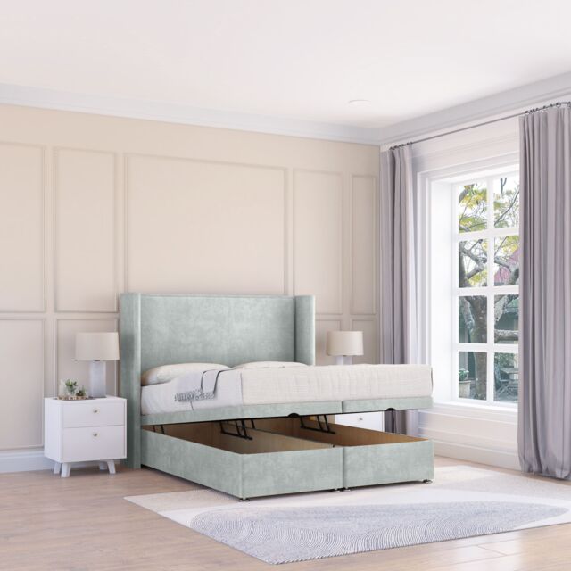 Sloomy Devonshire Naples Fabric Ottoman Bed End Opening With Sprung Memory Mattress & 54 Inch Floorstanding Headboard With Wings - Size: Single - image 1