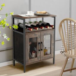 Costway Industrial Wine Bar Cabinet Kitchen Storage Sideboard W/ Wine Rack & Glass Holders in Brown - thumbnail 5