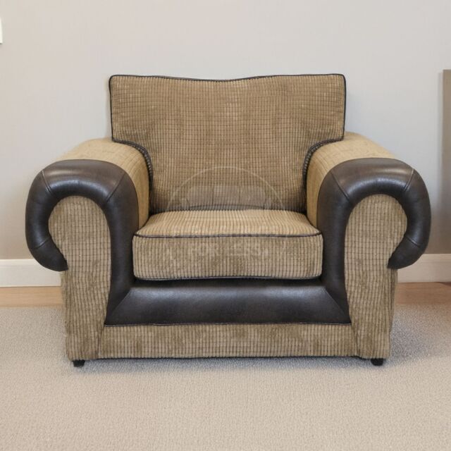 Furnishings For Less UK Portland Armchair Single Seater Rolled Arms Chesterfield Fabric & Leather in Brown - image 1