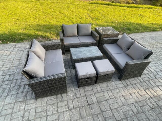 Fimous 7pc Rattan Sofa Garden Furniture Outdoor Patio Set with Side Table 2 Small Footstools Double Seat Sofa Dark Grey Mixed - image 1