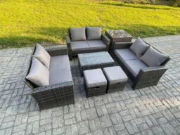 Fimous 7pc Rattan Sofa Garden Furniture Outdoor Patio Set with Side Table 2 Small Footstools Double Seat Sofa Dark Grey Mixed - thumbnail 1