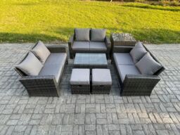 Fimous 7pc Rattan Sofa Garden Furniture Outdoor Patio Set with Side Table 2 Small Footstools Double Seat Sofa Dark Grey Mixed - thumbnail 2