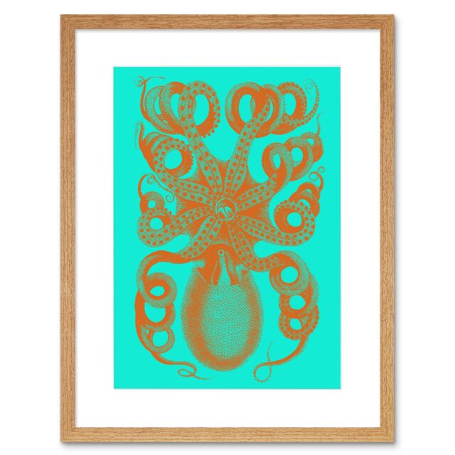 "Artery8 Wall Art Print Octopus Orange Blue Art Framed 9x7 inch in Beige - Size: W7"" x H9""" - image 1
