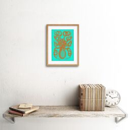 "Artery8 Wall Art Print Octopus Orange Blue Art Framed 9x7 inch in Beige - Size: W7"" x H9""" - thumbnail 2