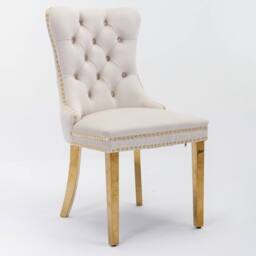 HomeTouch Set of 2 Velvet Dining Chairs with Gold Steel Legs in Beige - Size: 2 Pack - thumbnail 5