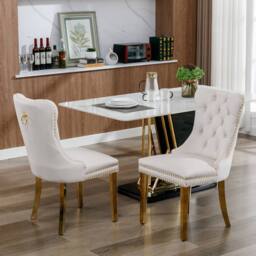 HomeTouch Set of 2 Velvet Dining Chairs with Gold Steel Legs in Beige - Size: 2 Pack - thumbnail 2