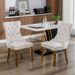 HomeTouch Set of 2 Velvet Dining Chairs with Gold Steel Legs in Beige - Size: 2 Pack - thumbnail 1