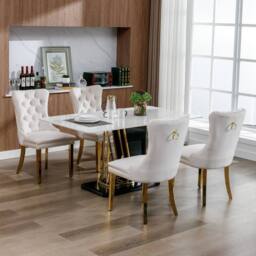 HomeTouch Set of 2 Velvet Dining Chairs with Gold Steel Legs in Beige - Size: 2 Pack - thumbnail 4
