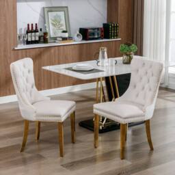 HomeTouch Set of 2 Velvet Dining Chairs with Gold Steel Legs in Beige - Size: 2 Pack - thumbnail 3